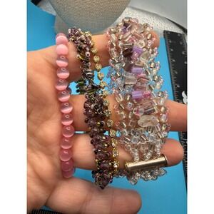 Vintage Beaded Bracelet Lot 4pc Pink Cats Eye Rhinestone Iridescent Woven Cuff